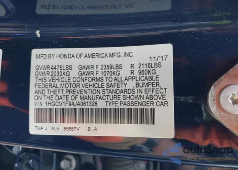 2018 Honda Accord Touring from USA, damaged, VIN 1HGCV1F94JA061326